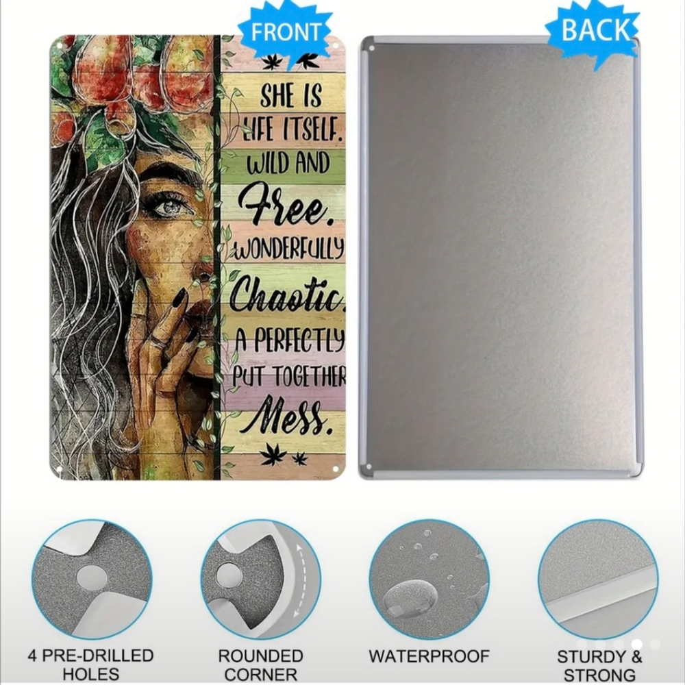 Retro Girl Metal Sign "Perfectly Chaotic" Vintage Style Bohemian wall sign decor - Picture 2 of 6